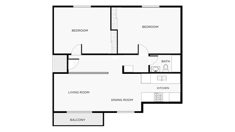 Floor plan for 2 beds, 1 bath, 784 sqft